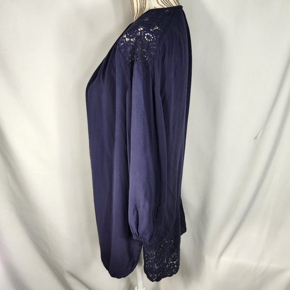 Stylus Navy Notched V Neck Lace Shoulders & Back Hem 3/4 Sleeve BOHO Top Large - Picture 4 of 12